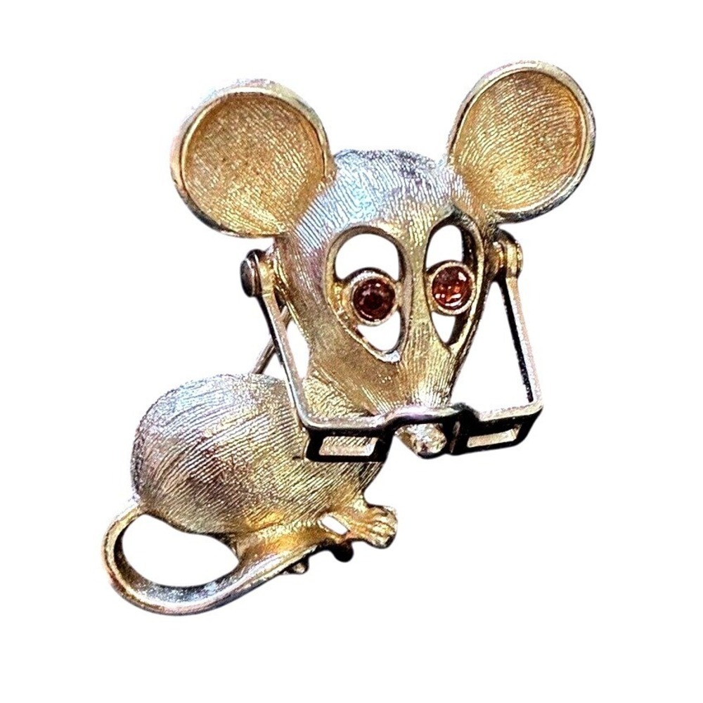 Vintage Avon Spectacular Mouse Brooch Pin Gold Tone Movable Glasses Crystal Eyes